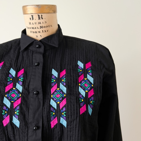 Vintage Black Cotton Embroidered Western Shirt Size Medium Rodeo Cowgirl - Picture 7 of 12
